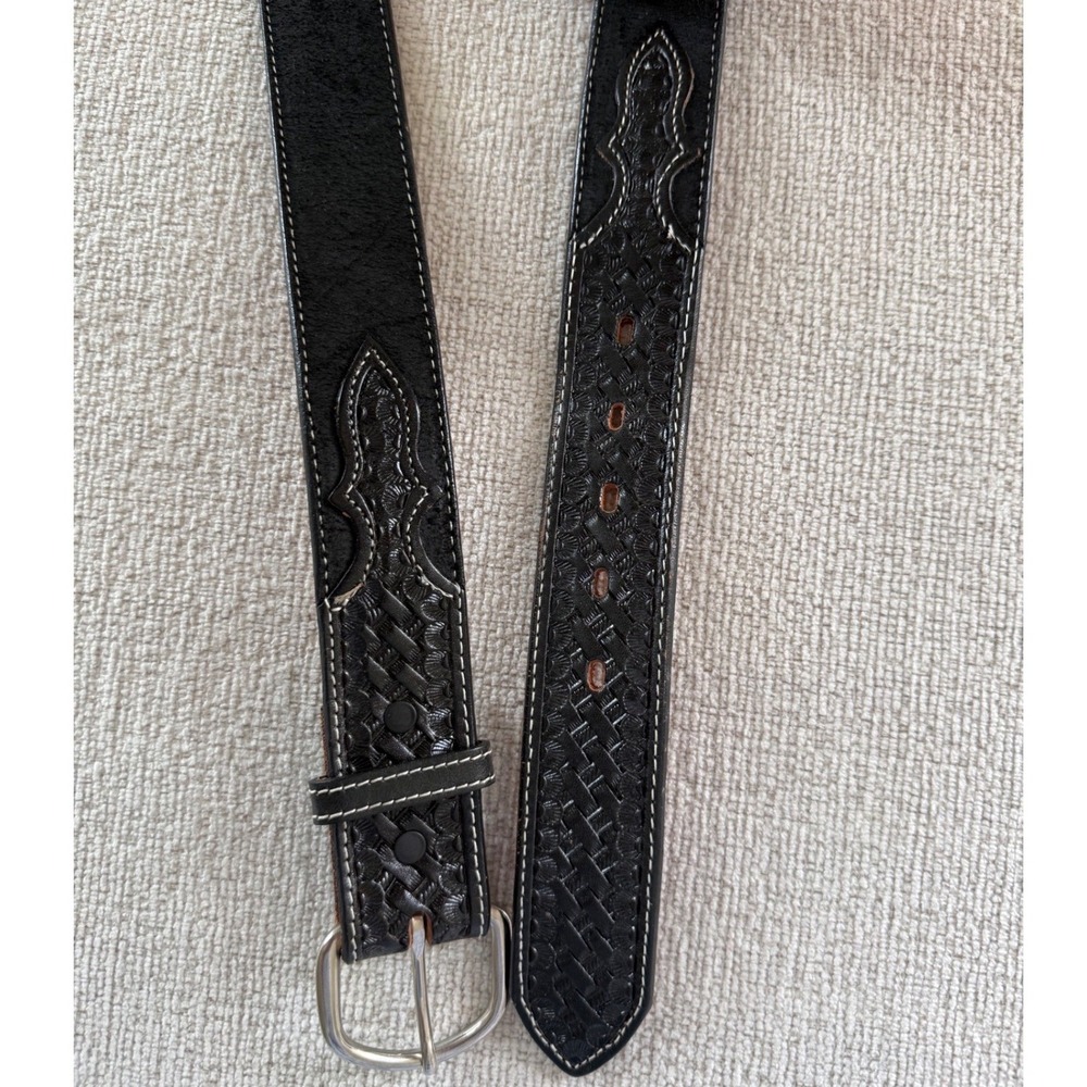 Nocona Men's Western Belt Size 56 Black Tooled Leather Basketweave USA Made